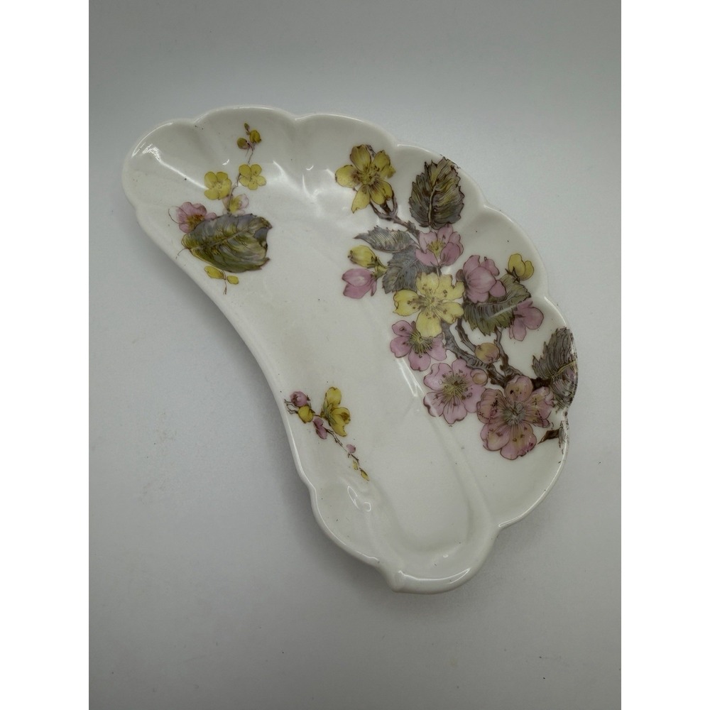Antique 1887 Haviland Limoges Crescent Bone Dish Pink Yellow Floral H&Co Depose